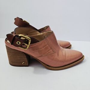 Coach Pink Croc-Embossed Leather Slingback Mules with Brown Heel